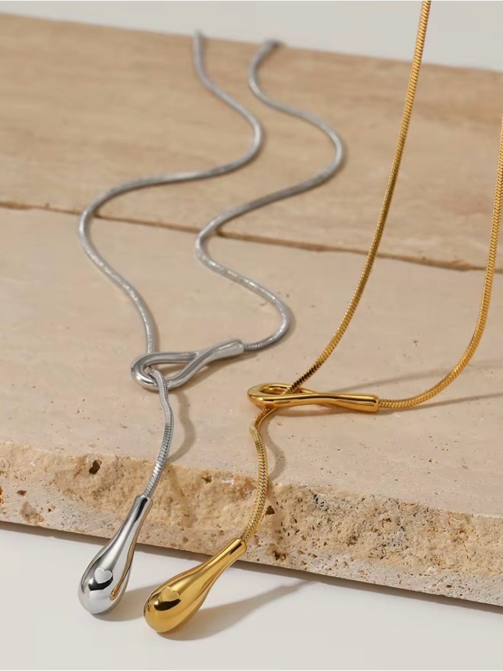 Minimal Teardrop Pendant Necklace Gold or Silver Stainless Steel Waterproof